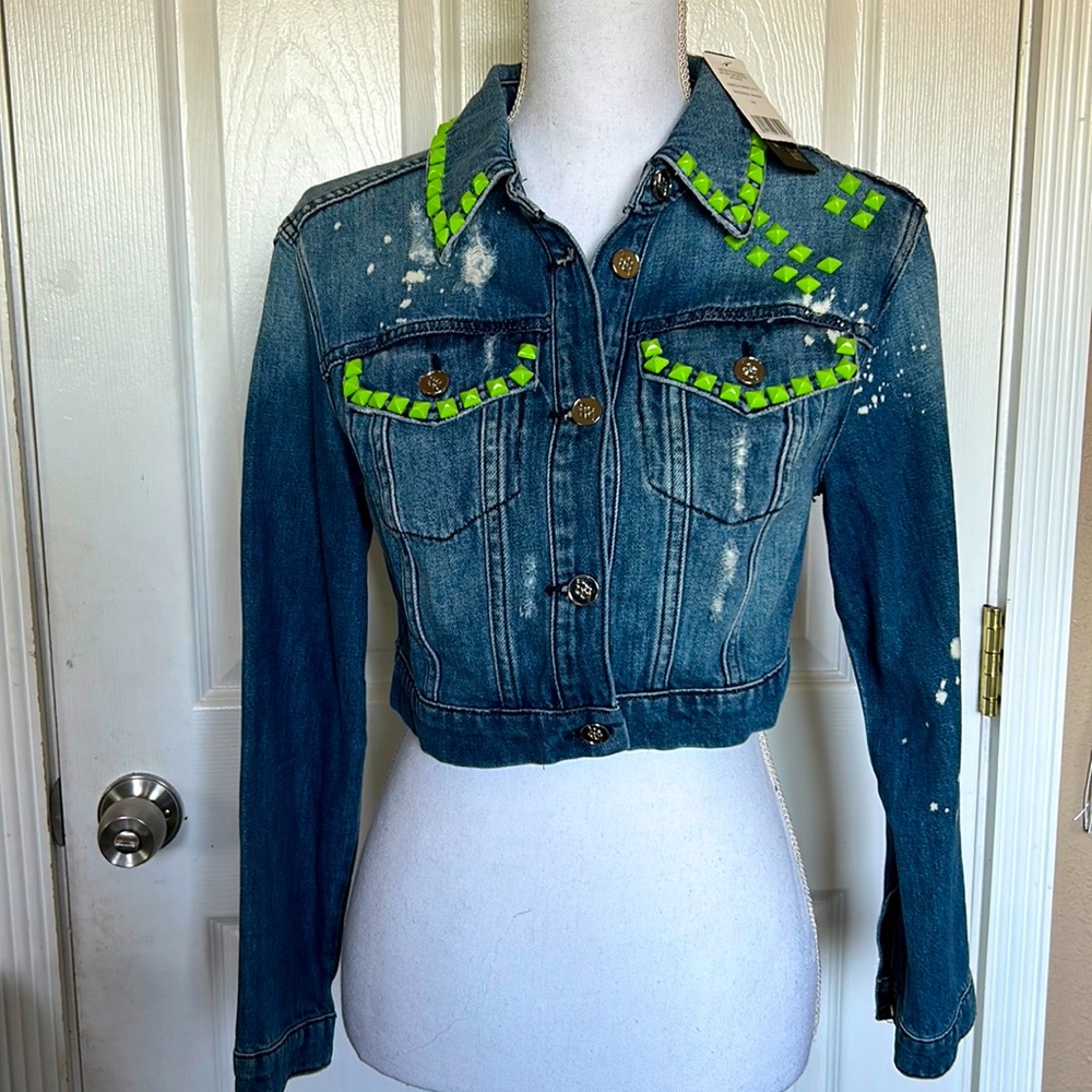 Bebe XS denim crop jacket with studs